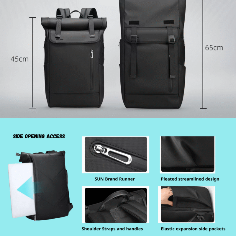 NxtOasis Roll-Top Backpack,The Perfect Travel Companion,Expandable Laptop Backpack, 20L to 30L Capacity, USB Port, 43.2 cm (17 inch) Compatible, Black - Image 3