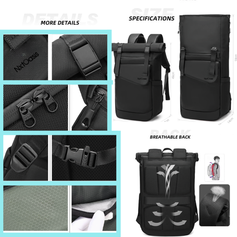 NxtOasis Laptop Backpack, Roll-Top Design, Large Capacity, Black - Image 4