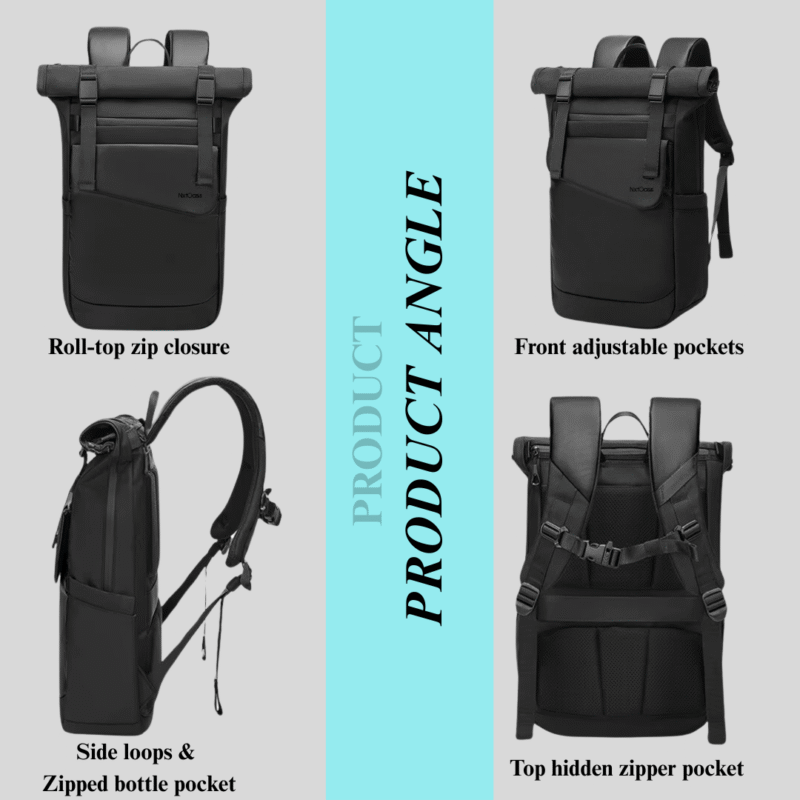 NxtOasis Laptop Backpack, Roll-Top Design, Large Capacity, Black - Image 2