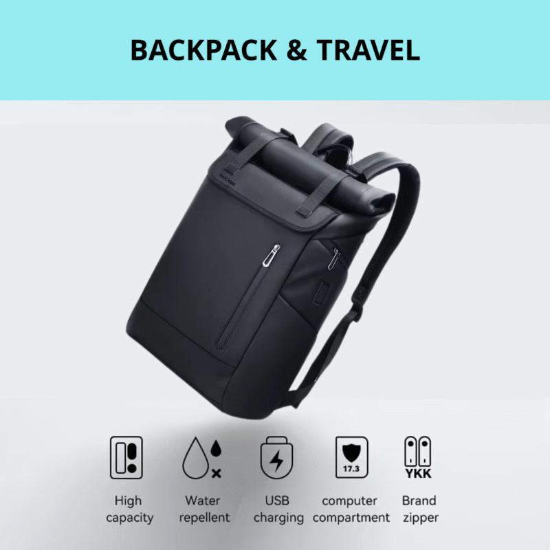 NxtOasis Roll-Top Backpack,The Perfect Travel Companion,Expandable Laptop Backpack, 20L to 30L Capacity, USB Port, 43.2 cm (17 inch) Compatible, Black - Image 2